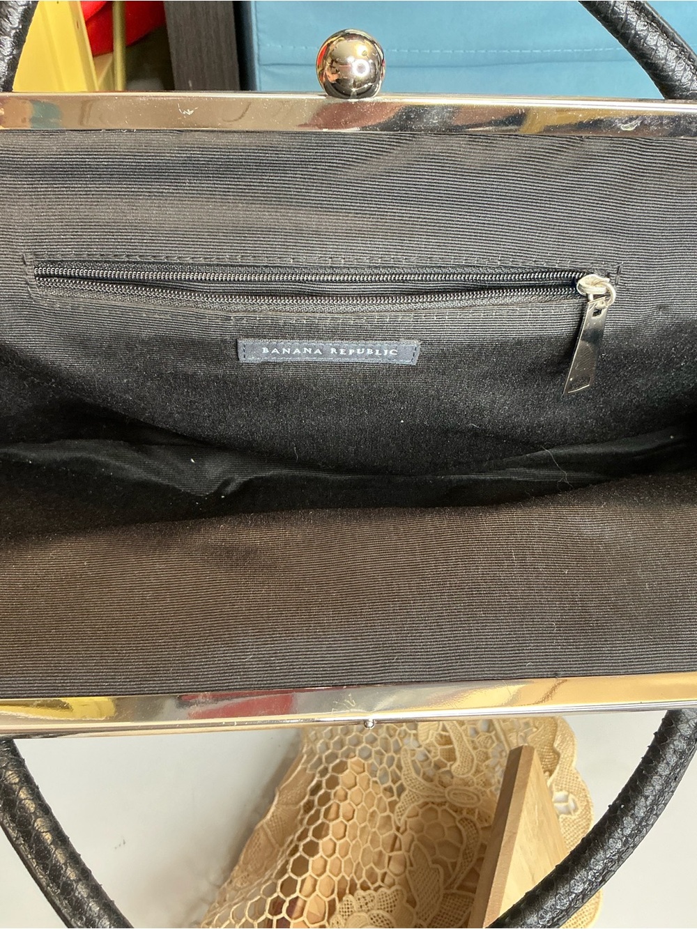 2404 -BANANA REPUBLIC Black Snakeskin Embossed Leather Framed Satchel Bag - Vint - Picture 7 of 16